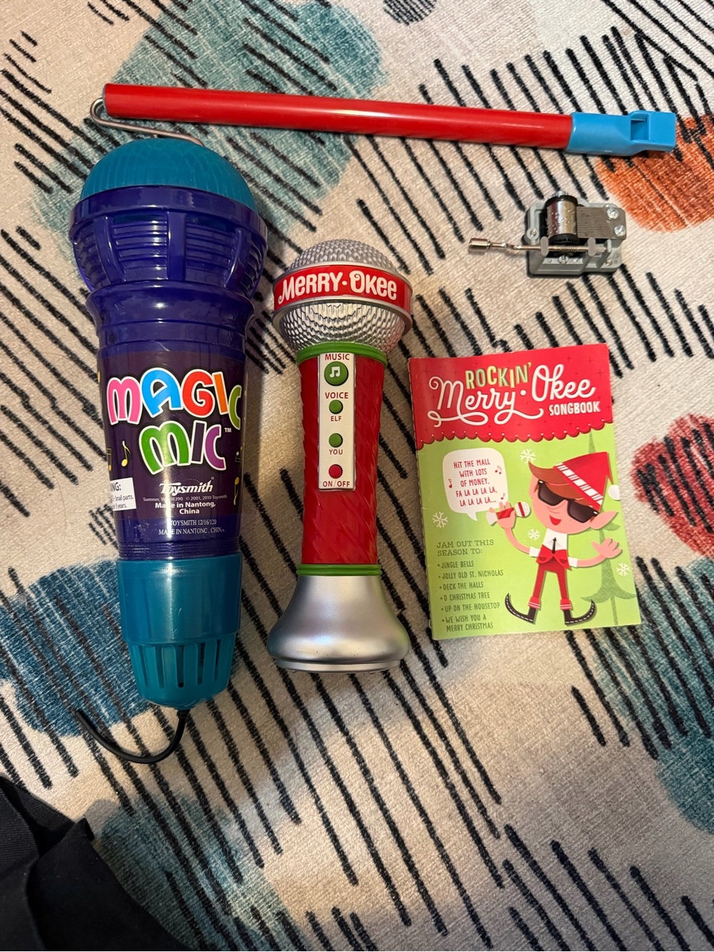 Set: Elf voice microphone, magic mic, music box, and slide whistle